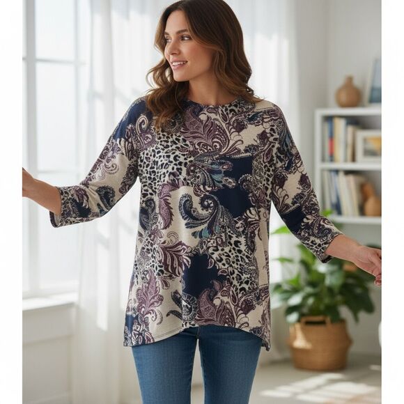 Chico’s Long Sleeve Top Tunic Size 2 (Large) Purple Paisley Print Side Pockets - Picture 1 of 12